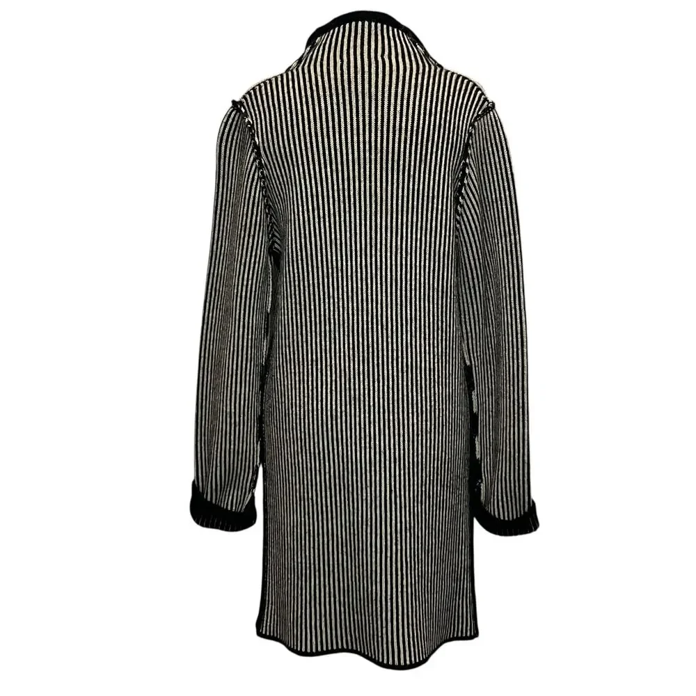 Cocogio Cardigan Sweater M Black‎ Tan Striped Wool Blend Cozy Coatigan Italy